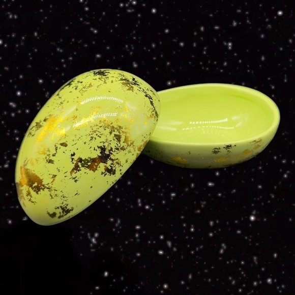 Ceramic Green Egg Shaped Trinket Box Jewelry Container w Gold Decor 5”W 3”T - Picture 6 of 10